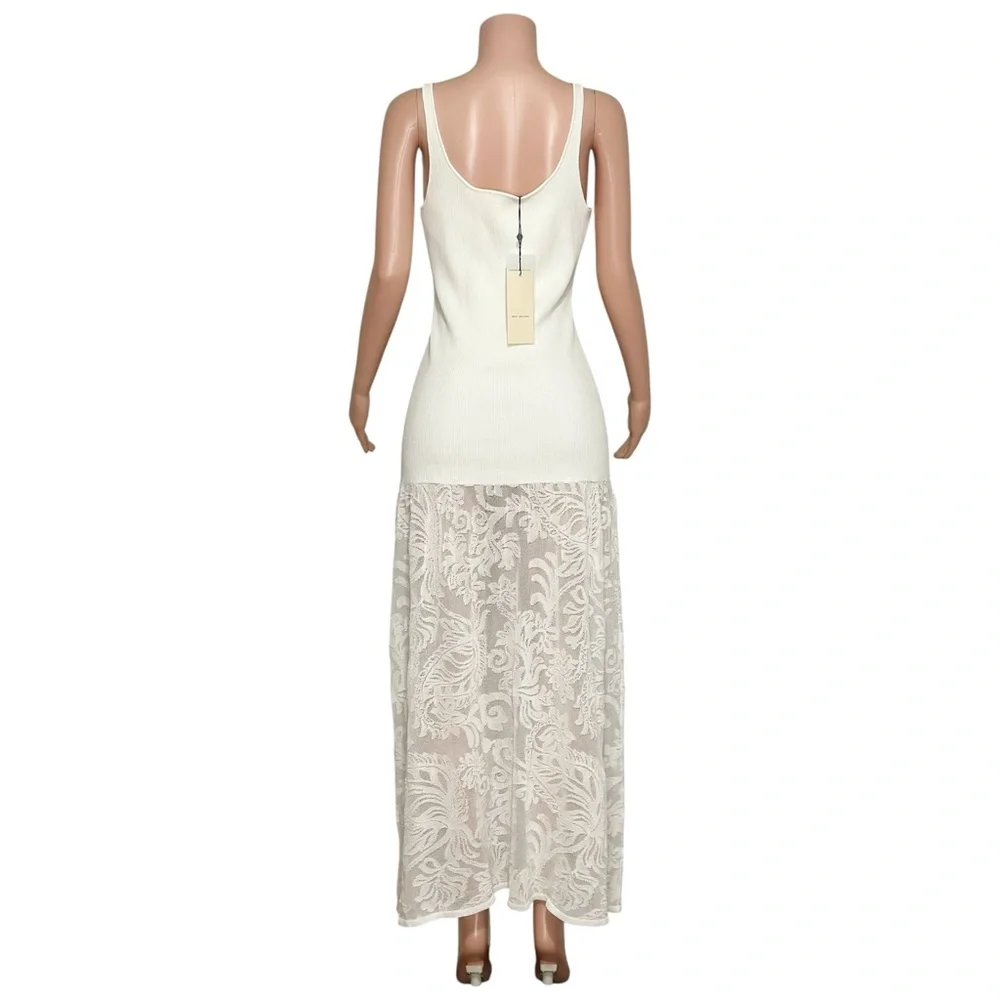 BEC & BRIDGE Rissa Ribbed Knit Dress W/ Mesh Lace Skirt, Ivory, Large - Picture 11 of 15